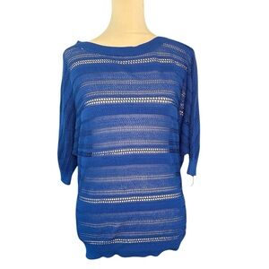 Express Blue Crew Neck Sweater with Open-Knit Design
